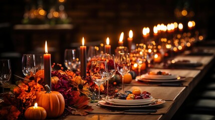 AI generated illustration of A beautifully set dinner table with a romantic candlelit atmosphere - obrazy, fototapety, plakaty
