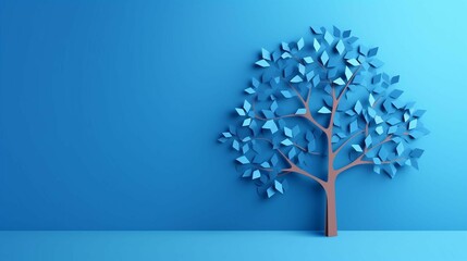 AI generated illustration of a blue origami tree on a blue background - obrazy, fototapety, plakaty