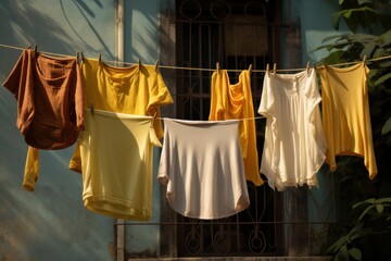 Wrinkle-free Clothes drying. Dry line sun. Generate Ai