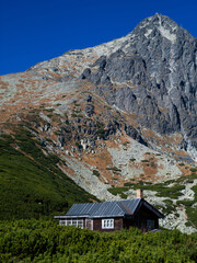 Fototapeta na wymiar 2023-10-18; house at the top of the mountain lomnicky stit, Tatranska Lomnica Slovakia