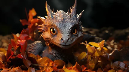 Tuinposter AI generated illustration of a cute baby dragon on a pile of leaves © Wirestock