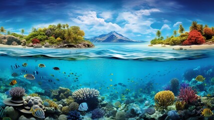 Delve into the pristine waters of a tropical lagoon, where the clarity allows you to see the colorful marine life thriving beneath the surface.