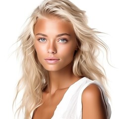Fototapeta premium An attractive beautiful tanned skin scandinavian model posing, over white background