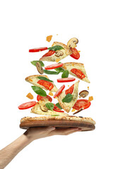 Delicious pizza with flying ingredients on white background