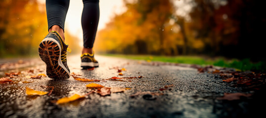 Legs, feet and shoes of a person Running or Jogging outdoors in rainy autumn weather with leaves in warm colors on the ground. Low angle shot with shallow field of view. Concept of health and fitness