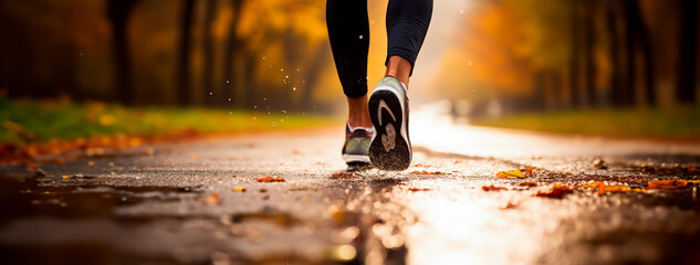 Legs, feet and shoes of a person Running or Jogging outdoors in rainy autumn weather with leaves in...