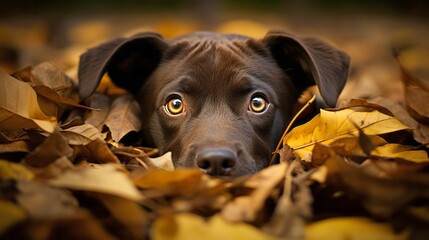 AI generated illustration of a brown puppy in a pile of autumn leaves - obrazy, fototapety, plakaty