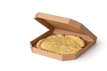 Pizza in open box isolated on white background