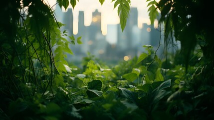 Obraz premium AI generated illustration of green plants against a modern cityscape