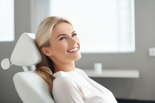 A smiling woman sitting in a white dentist's chair