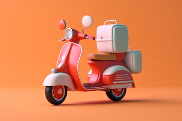 3d illustration of a scooter with suitcases on orange background - obrazy, fototapety, plakaty