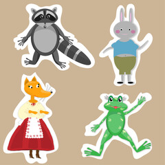 Set of stickers of funny cartoon animals. Vector graphics.
