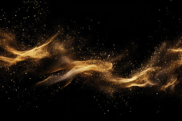 Golden Glitter Confetti Wave on Black Background - obrazy, fototapety, plakaty