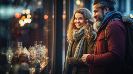 Fototapeta na wymiar Diversity couple in love walks along the shop windows at night during Christmas sales