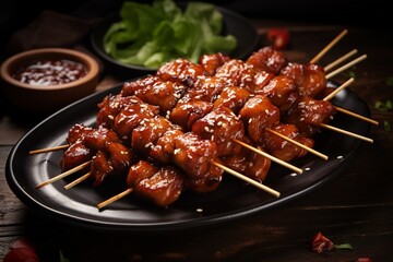 Grilling barbecue teriyaki chicken kebab in decent ceramic plate on wooden table, delicious protein...