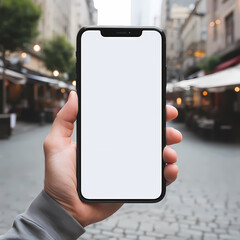 Hand holding new smartphone on city background. Mockup smartphone, template no text, white space
