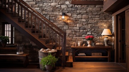 Fototapeta premium Boho interior design of modern entrance hall with wooden staircase and rustic decor pieces, handcrafted wooden furniture under the stair, welcoming hallway on vintage stone wall background.