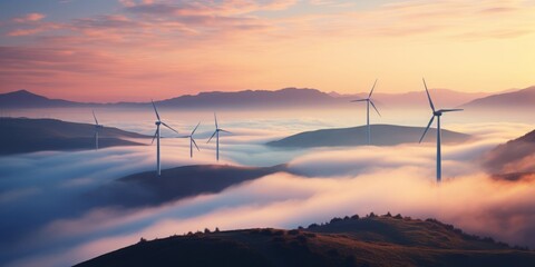 Wind Farms Amid Morning Mist, A Vision of Green Energy and Eco-Friendly Innovation - obrazy, fototapety, plakaty