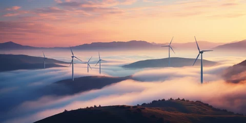 Fototapeten Wind Farms Amid Morning Mist, A Vision of Green Energy and Eco-Friendly Innovation © Ben