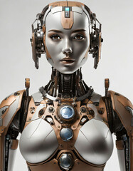 Porträt eines weiblichen, humanoiden Roboters. Profil in Nahaufnahme.