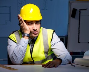 Young construction architect working on project at night