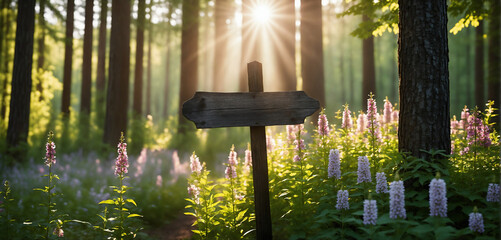 A rustic empty wooden signpost embraced by blooming wildflowers on a forest clearing, sunlight filtering through tall trees