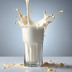 An image of a stream of white milk pouring into a glass with a beautiful splash on a gray background. Generative AI