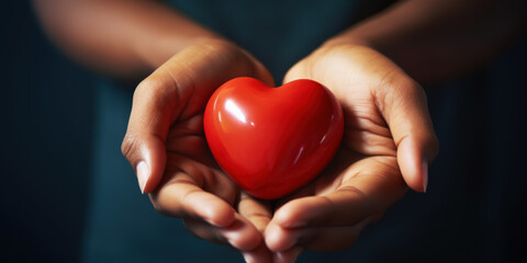 Close-up of red heart holding in hands, concept of health, donation and cardiology, symbolizing love, charity, and medical care