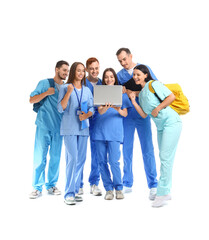 Group of medical students with laptop on white background
