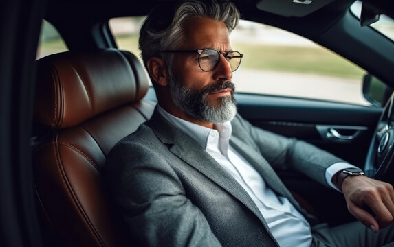 Elegant middle age male in a luxury car
