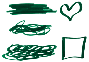 Various shapes and doodles drawn with a green marker on a white isolated background