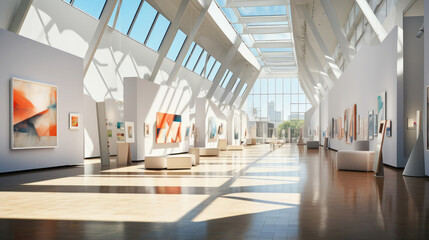 Contemporary art gallery with beautiful bright modern paintings displayed on minimalist white walls. Sunlight penetrates in exhibition space through panoramic windows - obrazy, fototapety, plakaty