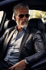 Elegant middle age male in a luxury car