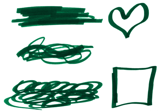 Various shapes and doodles drawn with a green marker on a white isolated background