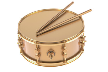 Golden drum with drumsticks, 3D rendering isolated on transparent background