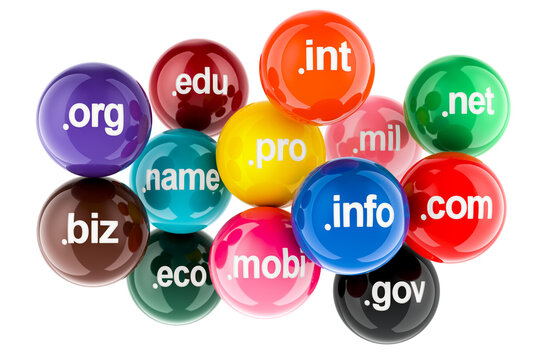 Colored balls with domain names, 3D rendering isolated on transparent background