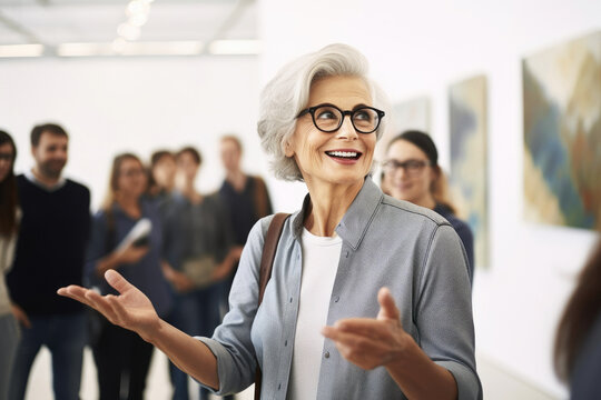 Elegant woman, a lady art guide, historian and a curator of an exhibition at a modern museum of contemporary art. Gives a lecture group of people, visitors gallery, about paintings and artworks