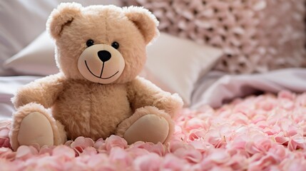 A close-up of a teddy bear with soft, silvery fur, sitting on a bed of rose petals. The bear's expression is gentle and affectionate.