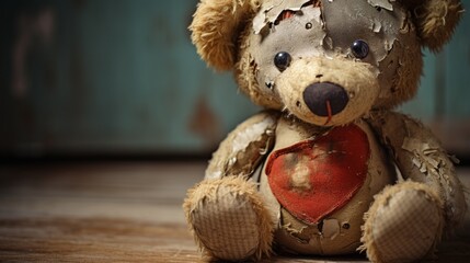 A close-up of a well-loved teddy bear, with patches and stitching showing its years of cuddles. The teddy bear has a nostalgic charm and a stitched smile. - obrazy, fototapety, plakaty