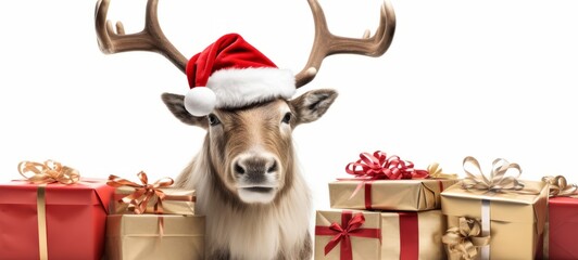Merry Christmas concept holiday vacation winter background greeting card - Cool reindeer with santa claus hat and gift boxes with ribbon, isolated on white background