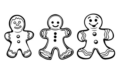 Set of Gingerbread man cookies with peppermint and candy cane outline line art doodle cartoon illustration. Winter Christmas theme coloring book page activity for kids and adults.