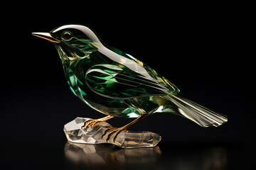 Green emerald gemstone glass bird figurine with gold details isolated on black background. Luxury and jewelry concepts. - obrazy, fototapety, plakaty