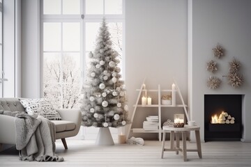 Christmas tree and gift boxes in light white room interior