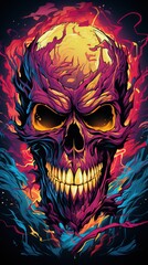 a colorful skull with flames