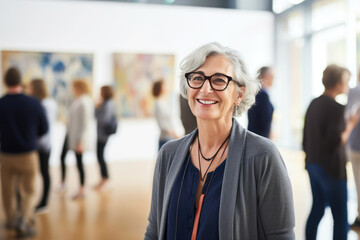 Portrait of an elegant woman, a lady gallery manager and a professional museum employee of an exhibition at a modern contemporary art. On a background group of people visitor discussion artwork - obrazy, fototapety, plakaty