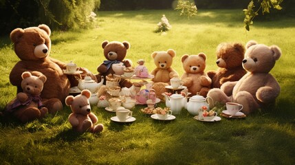 A group of teddy bears of various sizes, arranged in a circle on a grassy lawn for a tea party. Each bear has its own teacup and saucer, creating a whimsical scene.