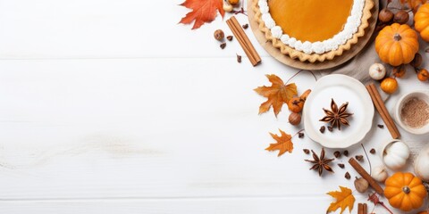 Top view of pumpkin pie preparation. Homemade traditional dessert for thanksgiving and halloween - obrazy, fototapety, plakaty