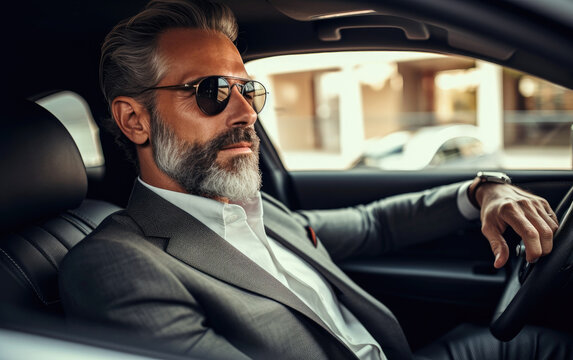 Elegant middle age male in a luxury car - Powered by Adobe