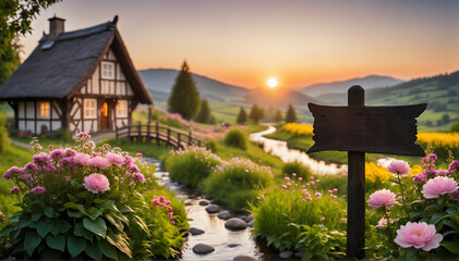 A blank wooden signpost in a rustic countryside landscape with a cozy cottage at dusk, surrounded by blooming flowers, a babbling brook, and a gentle sunset.  - obrazy, fototapety, plakaty