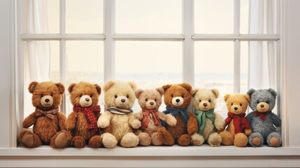 A row of teddy bears sitting on a windowsill, each one looking out at a different view - cityscape, countryside, and seaside. Each bear has a unique personality.